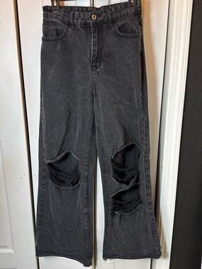 Wide Leg Black Distressed Flare Jeans
